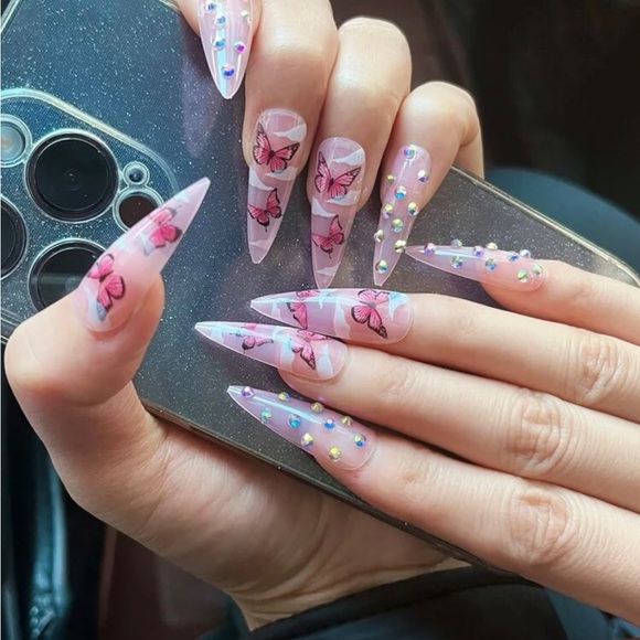 Stiletto, pink butterfly press on nails - Picture 3 of 4